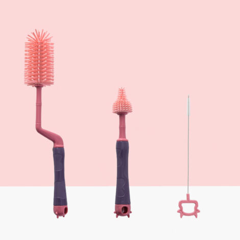 Lot de 3 brosses de nettoyage pour biberons en silicone souple, têtes différentes, couleur violet
