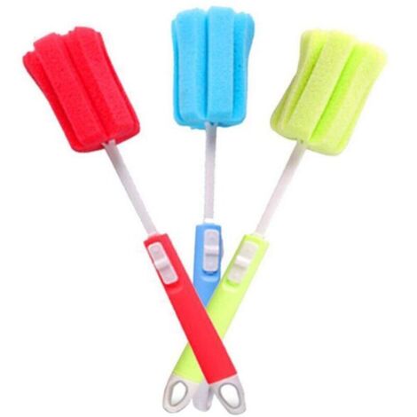 Lot de 3 brosses éponge en mousse pour bouteille d'eau avec long manche réglable, brosse de nettoyage douce pour biberons, tasses (couleurs aléatoires)