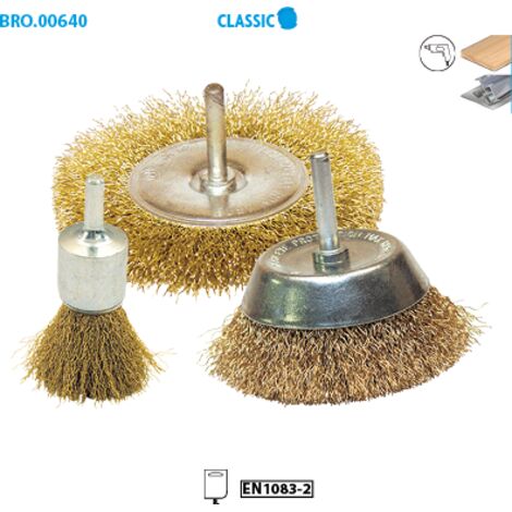 Lot de 3 brosses sur tige fil laitonné ondulé pour décapage doux bois et métaux - 640.03 - Leman