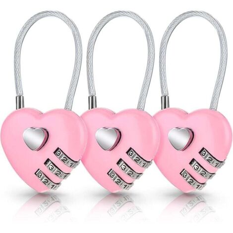 Lot de 3 cadenas à combinaison en forme de cœur rose pour valise, joli cadenas à code en forme de cœur, petit cadenas étanche pour sacs de voyage, sacs à dos (code original : 0-0-0)