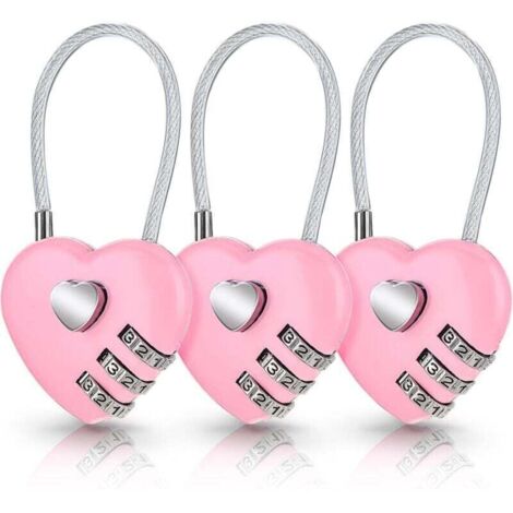 Lot de 3 cadenas à combinaison en forme de cœur rose pour valise, joli cadenas à code en forme de cœur, petit cadenas étanche pour sacs de voyage, sacs à dos (code original : 0-0-0)