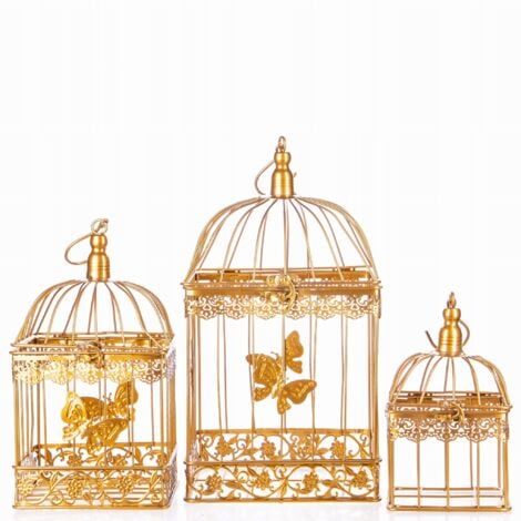 Lot de 3 cages à oiseaux carrées décoratives dorées