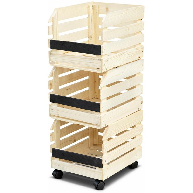 Lot de 3 cagettes en bois de pin naturel, clayette bois empilable à roulettes, garde-manger, stockage légumes, ardoises, L37 x l30 x H25cm - Bois