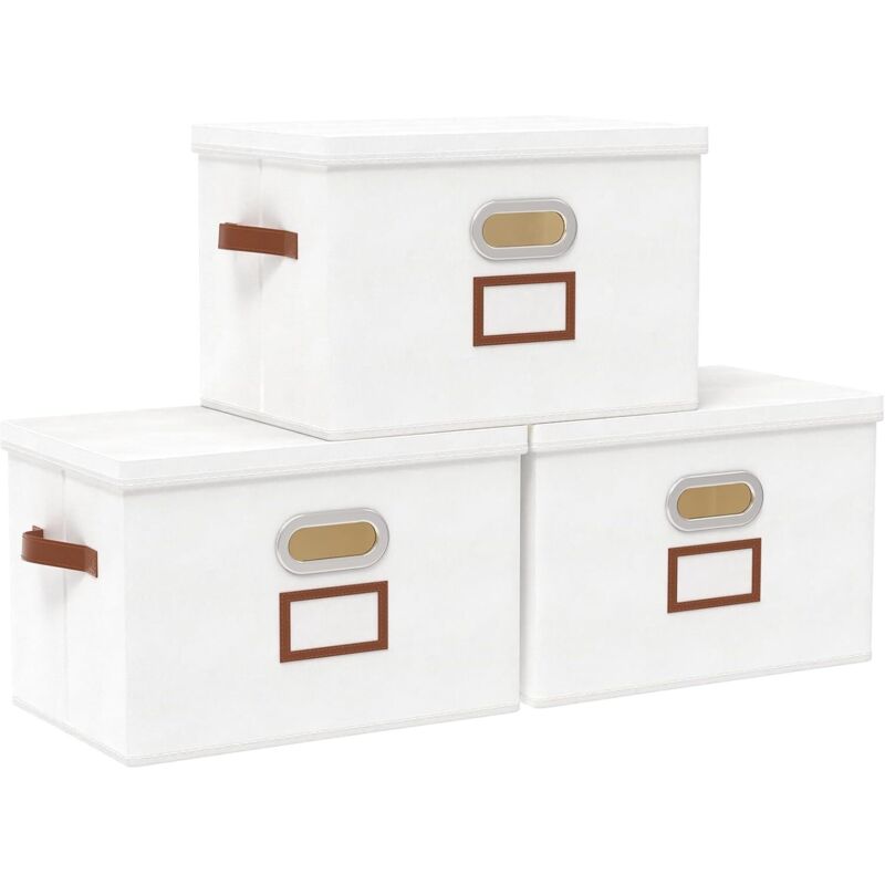 Lot de 3 Caisses de Rangement, Paniers Pliables avec Couvercle et Poignées, Boîte en Tissu Lavable, pour Vêtement, Magazine pour Maison (Blanc, 45 x