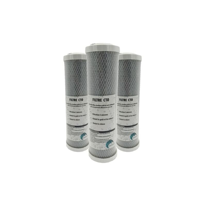 Lot de 3 cartouches charbon actif + sédiment 5 microns pour porte filtre 10 Pouces