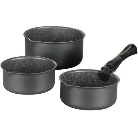 Lot de 3 casseroles Gris Mat 16-18-20 cm + 1 poignée amovible - Aluminium - Revêtement antiadhésif - Tous feux dont induction