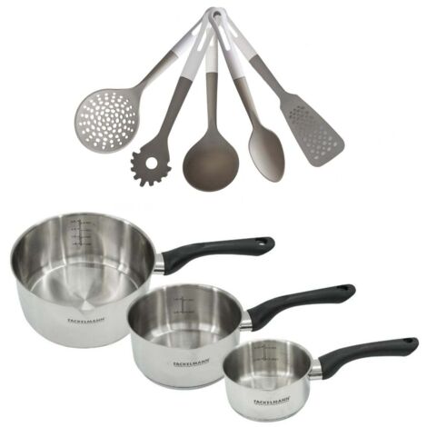 Lot de 3 casseroles inox Fackelmann Geneva 12/16/20cm avec 5 ustensiles