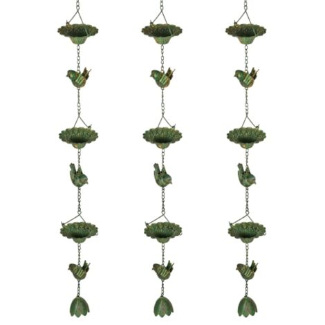 Lot de 3 chaînes anti-pluie 123 cm Chaîne anti-pluie en métal Chaîne anti-pluie avec crochet fixé Oiseaux Bell Vert