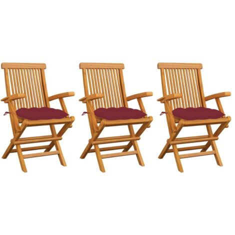 Lot de 3 Chaises de jardin avec coussins rouge bordeaux Fauteuil de Jardin Chaise d'extérieur Teck massif 35712