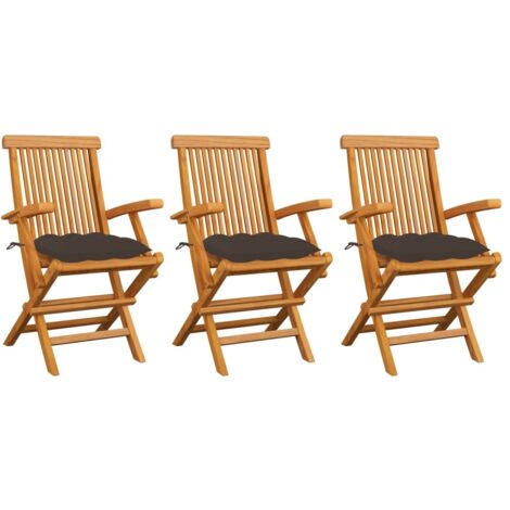Lot de 3 Chaises de jardin avec coussins taupe - Chaise d'extérieur pour terrasse/jardin Bois de teck massif BV359814 - BonneVie