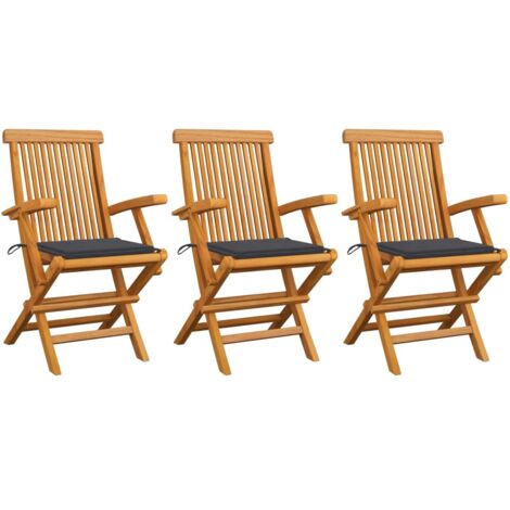 Lot de 3 Chaises de jardin，Siège de Terrasse  Chaise d'extérieur coussins anthracite Bois de teck CFW774753