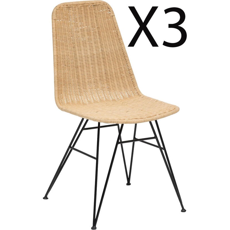 Pegane - Lot de 3 chaises de salle à manger en bois de rotin coloris beige et pieds coloris noir - Longueur 46,5 x Profondeur 53 x Hauteur 86 cm