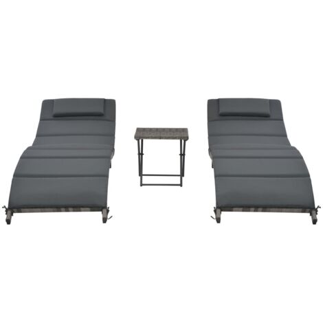 Lot de 3 Chaises longue pliables Chaises à bascule, Fauteuils Relax, pour Jardin Balcon Camping, Résine tressée Gris OIB9524E