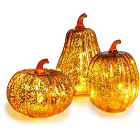 Lot de 3 citrouilles décoratives automnales, élégantes guirlandes lumineuses en verre pour Thanksgiving, centre de table à LED, dorées