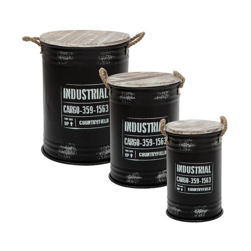 Lot de 3 Coffres Bidon Design 'Indus' 51cm Noir