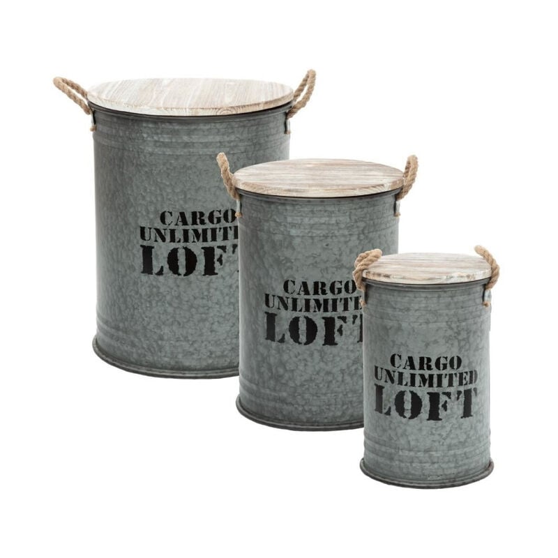 Lot de 3 Coffres Bidon Design 'Loft' 51cm Gris