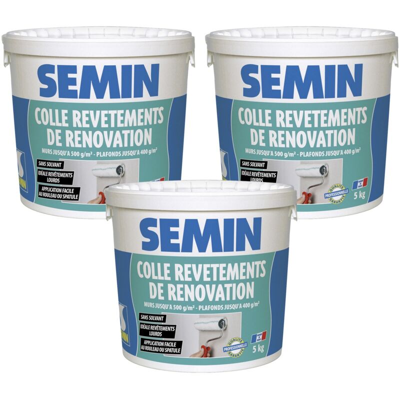 Lot de 3 colles pour revêtements de rénovation lisse en pâte Semin prête à l'emploi - seau de 5 kg
