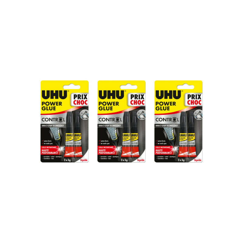 UHU - Lot de 3 colles Power Glue liquide Control tube - 2x3g
