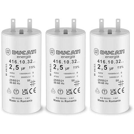 Lot de 3 condensateurs 2,5 uF 450V AC – Durée de vie 10 000 heures – Compatible moteurs volets roulants Somfy – Cylindrique DUCATI