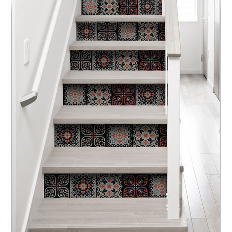 Lot de 3 Contremarches Adhésives Autocollantes 19,5 X 100 cm, Cantiano, Carreaux de Ciment Ancien Rouge Noir et Gris.