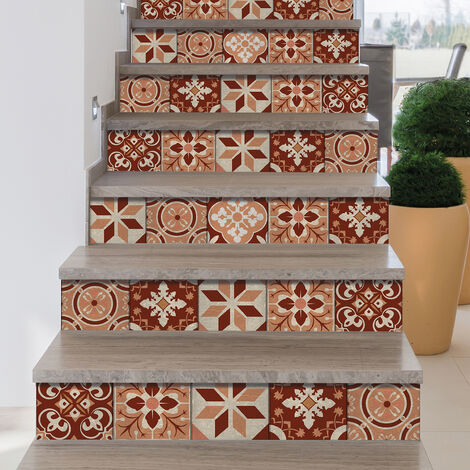 Lot de 3 contremarches adhésives autocollantes 19,5 x 100 cm – Motif carreaux ciment rétro rouge et orange – Décoration intérieure rapide – Plage