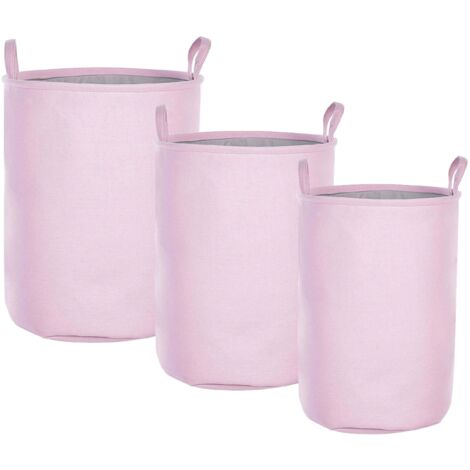 Lot de 3 Corbeilles à Linge avec Cordon de Serrage en Coton et Tissu Rose Archa