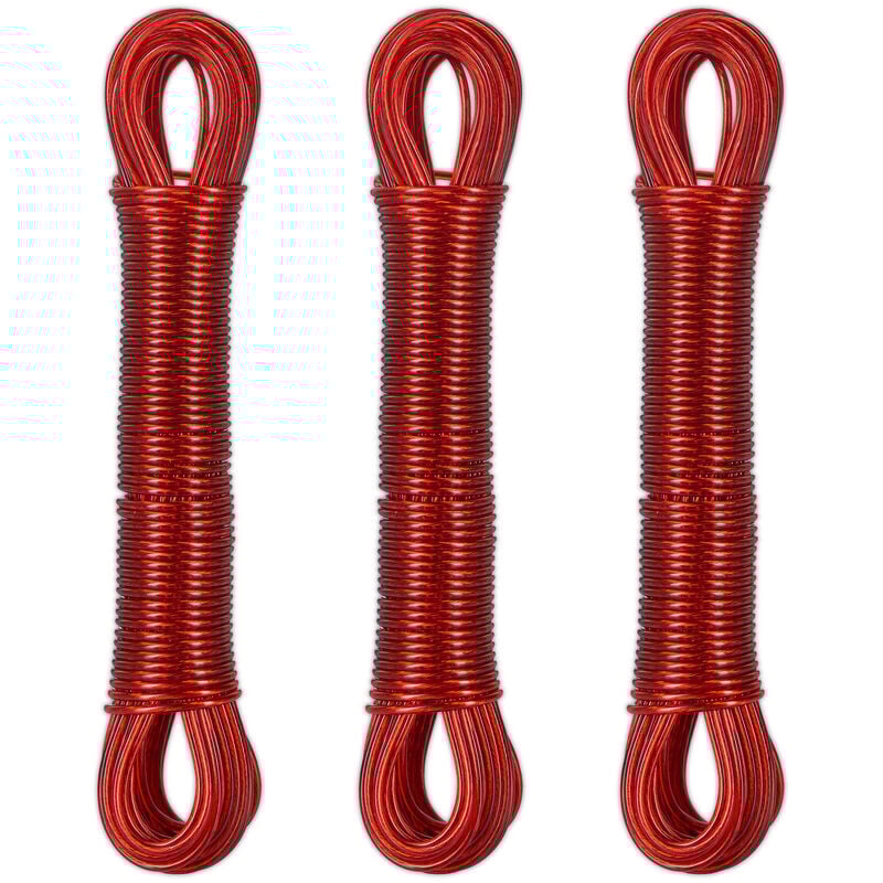 Lot de 3 cordes à linge, 20 m, noyau en acier, pvc, extra solide, à tendre, rouge - Relaxdays