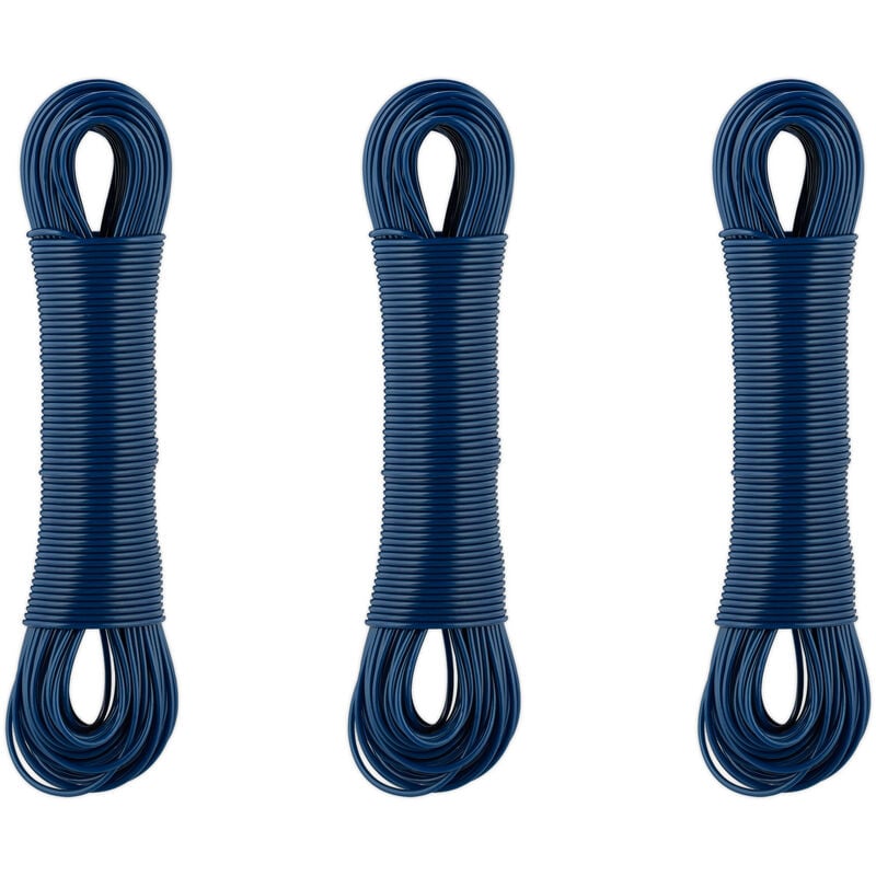 Relaxdays - Lot de 3 cordes à linge, 50 m, noyau en acier, pvc, extra solide, pour extérieur & intérieur, à tendre, bleu