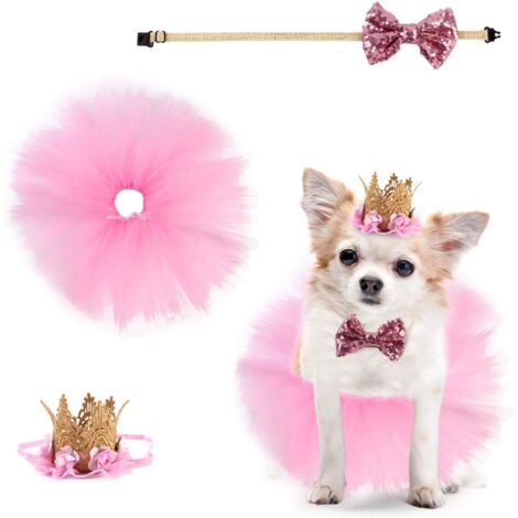 Lot de 3 costumes pour chien, déguisement d'anniversaire rose avec tutu, couronne, chapeau, nœud papillon à paillettes et sangle de cou ajustable.