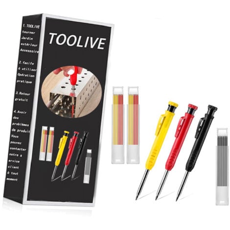Lot de 3 crayons de charpentier solides avec 21 recharges marqueurs à long nez profonds marqueurs mécaniques avec taille-crayon intégré (jaune, rouge, couverture noire)