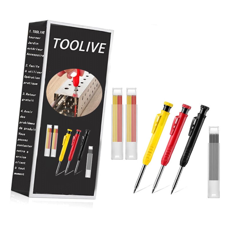 Lot de 3 crayons de charpentier solides avec 21 recharges marqueurs à long nez profonds marqueurs mécaniques avec taille-crayon intégré (jaune,