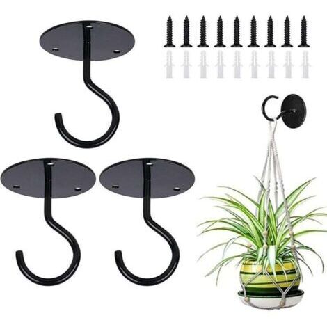 Lot de 3 crochets de plafond pour plantes suspendues, supports muraux en métal en forme de S avec vis et chevilles pour paniers de plantes suspendus, lanternes, carillons éoliens, mangeoires à oiseaux