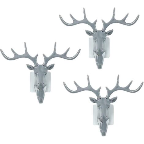 Lot de 3 crochets muraux en forme de tête de cerf, robustes et sans traces (blanc) (santanxing)--gris