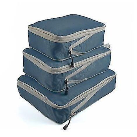 Lot de 3 cubes de rangement compressibles pour voyage, sac de rangement pour bagages et valises, pliables et imperméables, en nylon bleu marine.