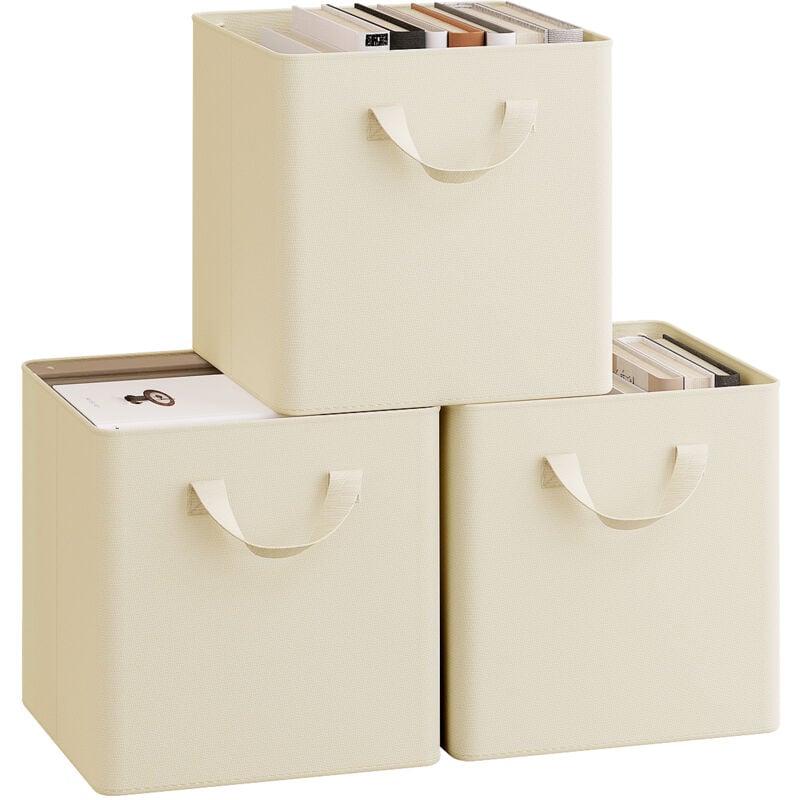 Woltu - Lot de 3 Cubes de Rangement 26x26x26,5 cm, Boîte Rangement Pliable, avec Poignée, Cadre en Métal, en Tissu, Crème