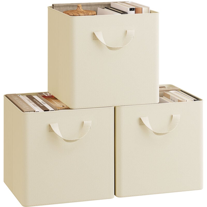 Woltu - Lot de 3 Cubes de Rangement 29,5x29,5x28,5 cm, Boîte Rangement Pliable, avec Poignée, Cadre en Métal, en Tissu, Crème