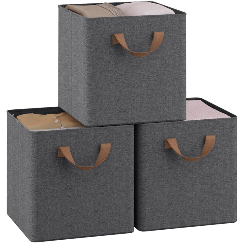 Woltu - Lot de 3 Cubes de Rangement 26x26x26,5 cm, Boîte Rangement Pliable, avec Poignée, Cadre en Métal, en Tissu, Gris