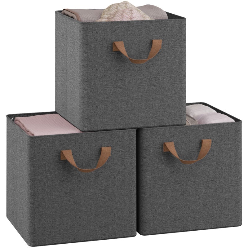 Woltu - Lot de 3 Cubes de Rangement 29,5x29,5x28,5 cm, Boîte Rangement Pliable, avec Poignée, Cadre en Métal, en Tissu, Gris