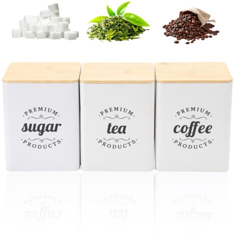 Lot de 3 Cuisine Boîtes de Rangement, 1300ml Boite Hermetique Alimentaire avec Couvercles en Bois, pour Ranger Vos Sachets de Thé, Cubes de Sucre et Grains de Café