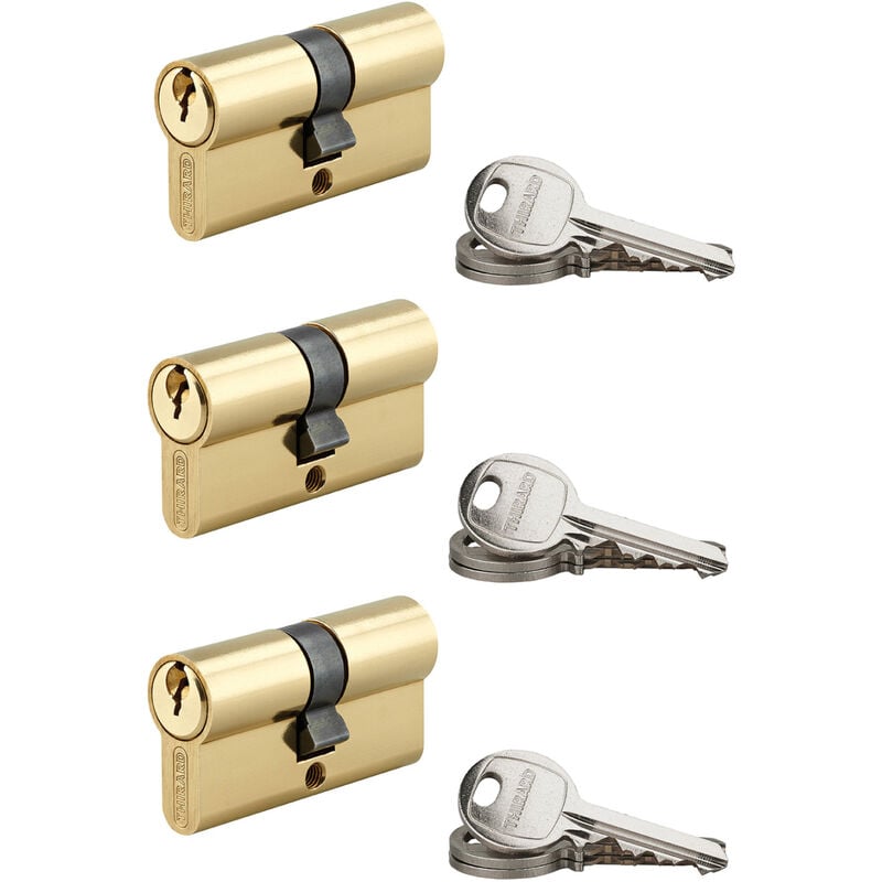 Thirard - Lot de 3 cylindres sa laitonné, 30X30mm, s'entrouvrant, 9 clés