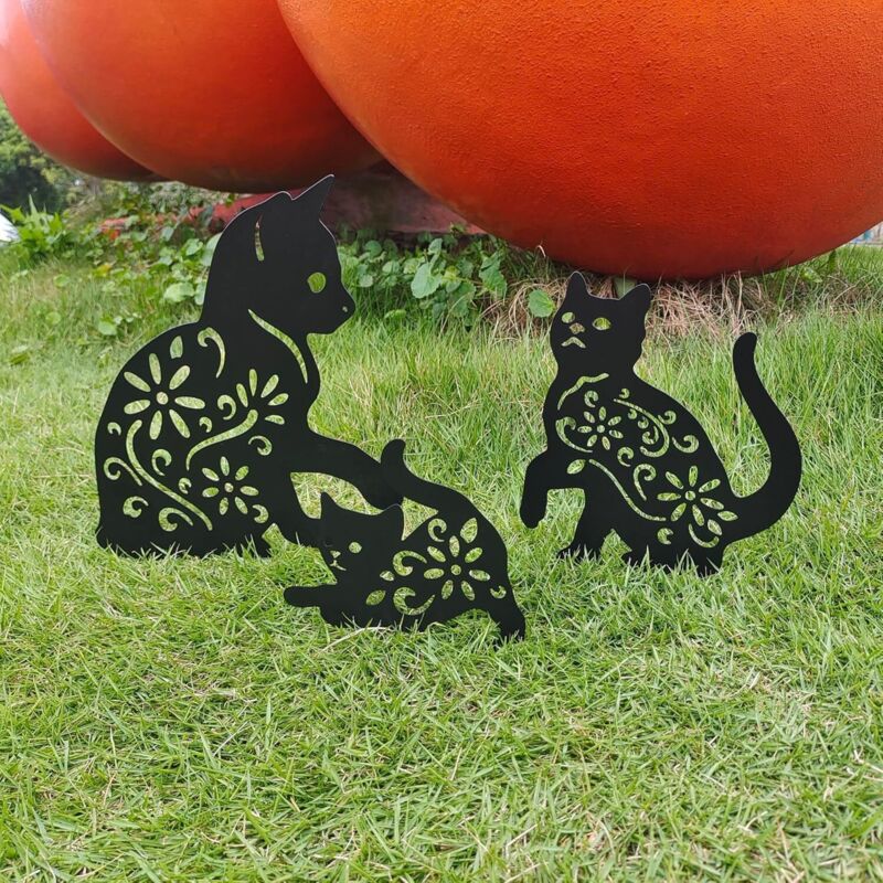Lot de 3 décorations de jardin en forme de chat, statues en métal décoratives pour patio, cour, pelouse, porche et jardin. (Chat noir)