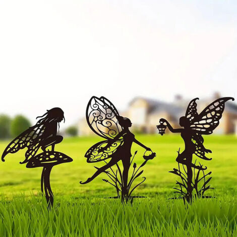 Lot de 3 Décorations de Jardin Féeriques en Métal Noir - Silhouettes de Fées et Champignon - Piquets de Terre pour Extérieur, Pelouse, Terrasse et Massifs de Fleurs