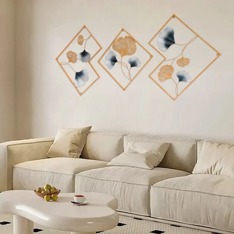 Gojoy - Lot de 3 décorations murales en métal - Feuille de ginkgo - Décoration murale en fer forgé - Décoration murale dorée pour jardin, salon,