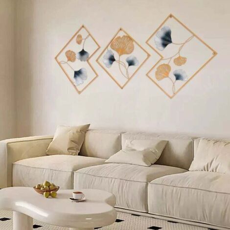 Lot de 3 décorations murales en métal - Feuille de ginkgo - Décoration murale en fer forgé - Décoration murale dorée pour jardin, salon, chambre à coucher, salle à manger,
