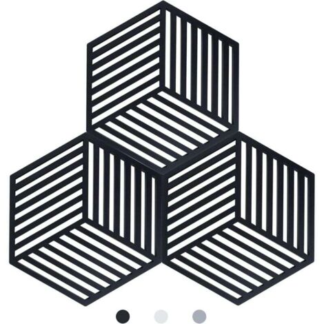 Lot de 3 Dessous de Plats Kitchen Pot Coaster de Protection en Silicone (Noir, Raya Hexagonal: 160x138x8mm)
