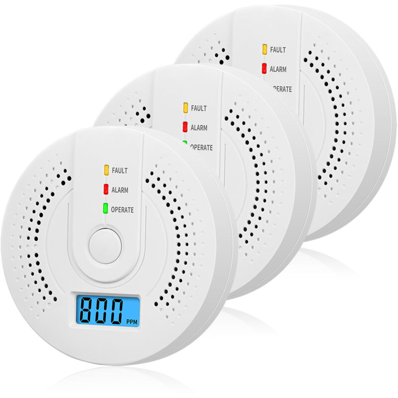 Lot de 3 détecteurs de monoxyde de carbone à piles avec écran lcd numérique pour maison, cuisine, restaurant, hôtel, bureau - Piles non incluses