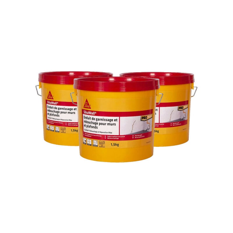 Lot de 3 enduits de garnissage Sika Sika Wall Rebouchage et réparation pour murs et plafonds en pâte - 1,5Kg