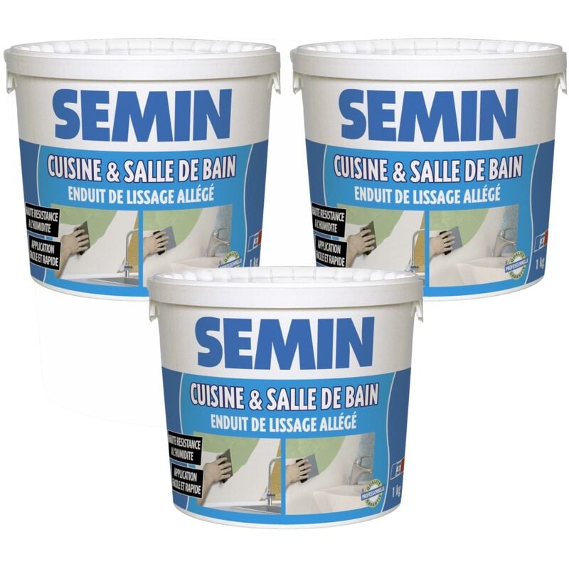 Semin - Lot de 3 enduits de lissage cuisine et salle de bain adapté aux pièces humides - seau de 1 kg