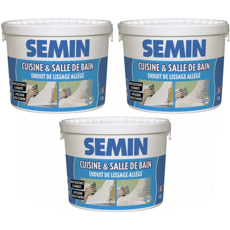 Lot de 3 enduits de lissage cuisine et salle de bain Semin adapté aux pièces humides - seau de 5 kg