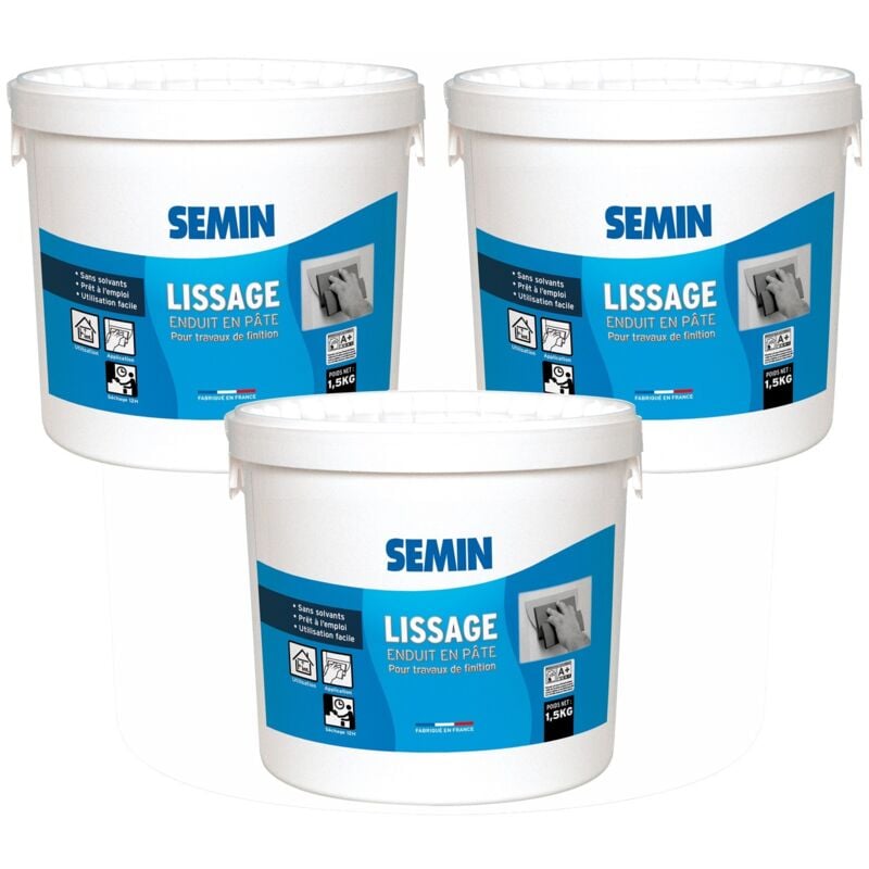 Lot de 3 enduits de lissage en pâte pour murs et plafonds Semin intérieur - Seau de 1,5 kg